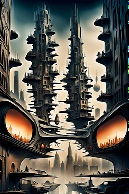 a stunningly weird image of a futuristic metropolis using Salvador Dali's paranoiac-critical method, where buildings and structures appear to melt into the skyline cityscape is filled with floating mad, twisted sharp metal shapes that interact with the buildings and each other, forming a surreal tableau of a dreamlike reality. neu-steampunk vibe, essence of the scene in a cinematic manner, with dramatic shadows that enhance the distorted perspectives and bizarre