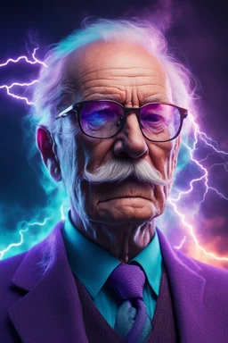 lightning strikes, abstract, high quality, UHD, Luminous Studio graphics engine, violet, cyan, octane render, cloudy haze, fiery members, old man Carl Gustav Jung with glasses and mustache portrait