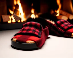 Red plaid slippers, fur black rug,log cabin fireplace, night