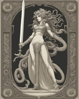 full-length, detailed persona, sword in hand, gorgon medusa, from the back, half-turn, leaning on one leg