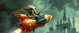 hairy macho gremlin octopus lizard aliens living in a hi tech marvellous hot dog rocket with a mounted sling shot, heading for venus stone castle, background motion blur and smoke swirls