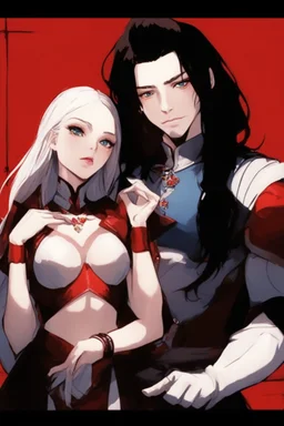 A couple, from the dnd game curse of Strahd. The woman has long white hair and blue eyes, the man has LONG BLACK hair and red eyes, no facial hair. He is standing protectively behind her.