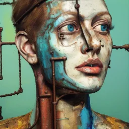 an abstract painting of rusted clocks, by lucian freud, rust, scaffolding, iron cladding, decay, mixed media, textured, anatomically correct, beautiful woman perfect face, blue eyes, sharp focus, highly detailed