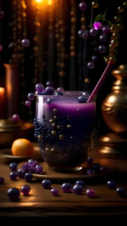 witch's brew, bubble tea, crystal glass, beverage, standing on table in witch's hut, magical, cute, girly, purple, pink, tapioca pearls are glowing stars and moons, magic symbols, magic flowers and plants, photo realistic, hyper detailed, studio photo, intricate details, highly detailed, Miki Asai Macro photography, close-up, hyper detailed, trending on artstation, sharp focus, studio photo, intricate details, highly detailed, by greg rutkowski