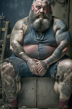 full figure shot photography of a dirty burly muscular chubby turkish manly man happy sitting, 62 years old, beefy, ugly , crossed arms, long beard, curly hair, sweat, tattoo, with completely torn and faded dirty cotton unbuttoned short trousers, tattoo, big bulge, beard , big legs, drunk eyes, bare-chested, huge belly, in industrial area, photorealistic, side light, view angle from low , ambient occlusion