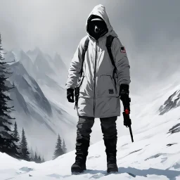 CP-1529 King of the Mountain, from SCP lore, it appears to be of average height and weight and is dressed head to toe in what resembles standard mountaineering wear and boots, colored white; SCP-1529's face is entirely obscured by the hood of its parka and what appears to be an oversized pair of opaque black mountain goggles, minimalistic art, hyperdetailed, artstation trending, world renowned artists, historic artworks society, antique renewel, cgsociety