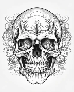 realistic skull tattoo idea, line art, background, vector, svg, black outline on white background, leave plenty of white space beetween lines for coloring, tattoo style, tattoo idea,full body, minimalist