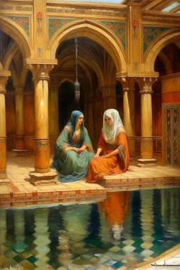 oriental 2 woman at a old arabic inside pool painting neoclassism