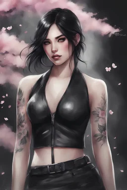 watercolor gothic girl in black leather halter top, white skin, beautiful wavy shoulder length black hair, sakura blossom tattoos on body, Trending on Artstation, {creative commons}, fanart, AIart, {Woolitize}, by Charlie Bowater, Illustration, Color Grading, Filmic, Nikon D750, Brenizer Method, Side-View, Perspective, Depth of Field, Field of View, F/2.8, Lens Flare, Tonal Colors, 8K, Full-HD, ProPhoto RGB, Perfectionism, Rim Lighting, Natural Lighting, Soft Lightiing, cityscape background