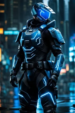 cyberpunk, neon blue, high technology, geometric figures, orbiting figures, cyberpunk suit, black and blue, epic, rain, neon blue suit, geometric figures orbiting around suit, exosuit, technological armour, a person wearing technological armour, cyberpunk armour, detailed armour, male