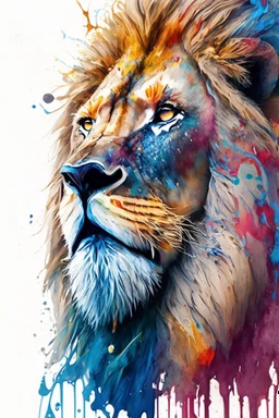 "lion", clean design, art station, splash of colorful paint, contour, ((solid white background)), gazing into camera, hyperdetailed intricately detailed, unreal engine, fantastical, intricate detail, splash screen, complementary colors, fantasy concept art, 8k resolution, DeviantArt masterpiece, watercolor, paint dripping