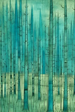 A cyan forest with noisy beetles painted by Paul Klee