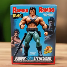 A photograph of a pristine action figure encased in its packaging, evoking a sense of collectible wonder, styled after a vintage toy advertisement. The box prominently displays "Rambo" in bold, stylized lettering, with the action figure inside clearly resembling Sylvester Stallone as Rambo, possessing his iconic features and a lean, athletic build, confidently holding a pistol and a knife