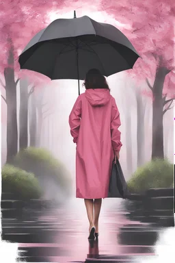 woman in a dark pink raincoat with dark pink umbrella