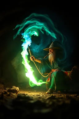 magic swirl, strong winds, true grit, reggae rasta native stand off fast draw poncho cowboy wizard on knees hurt punching green and blue fire ball whip while taking sight wand slinger, in dark cave ,bokeh like f/0.8, tilt-shift lens 8k, high detail, smooth render, down-light, unreal engine