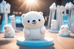 cute fluffy chibi ice bear on an exhibition room with stands in sunshine