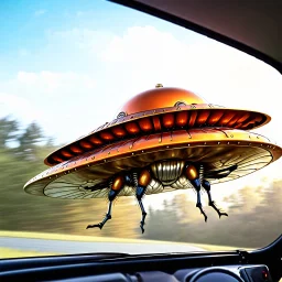 award winning photograph of a steampunk house-fly ufo designed by only one vehicle per image painted metallic orange traveling at a high rate of speed, jet intake off of front center of vehicle and jet exhaust out the rear bilaterally symetrical,