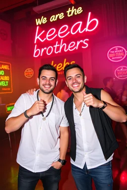 An "Identical twins" performing at dance club, theyre name is "Martin and Mercurius" Happy and celebrity look, , Neon lights and smog, "We are the kebab brothers" big sign on the wall