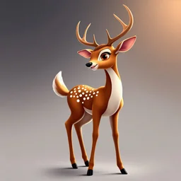 full body of a bald white tail deer with antlers, sultry, seductive, standing with big smile facing the left and big eyes looking to the left , tail upward, on flat background, in the style of 'My Little Pony' and Bambi, fantastic lighting