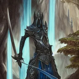 Longsword with a cobalt blade and black handle, waterfall as background, excalibur "Fantasy concept art, intricately detailed, metallic, fantastical, complimentary colors, detailed matte painting