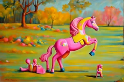 Big pink plastic toy horse.19th painting