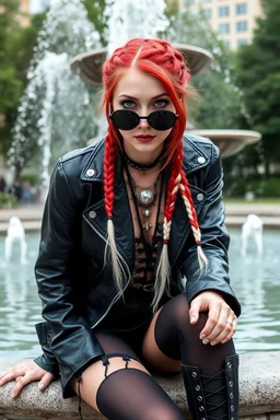 Gothic style rebel woman teenager, pretty and arrogant, red hair and black shiny round sunglasses, leather jacket, edgy bohemian outfit, combat boots, captivating grey eyes, white hair styled in intricate braids, playful and mischievous demeanor - depicted sitting at the edge of a fountain in a city green park, vibrant punk street fashionista, high realistic