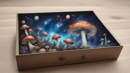 a box 10 cm long by 5 cm wide and 25 cm high, drawn on a box on all sides, butterfly nebula, mushrooms, space, tress, planets, realistic