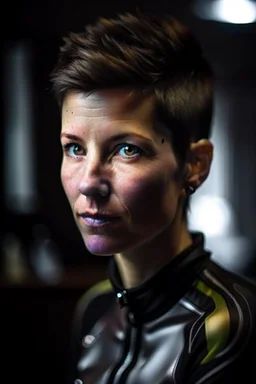 She is in a luxury kitchen, and has a lean, athletic build, a testament to her years of cycling. Her short-cropped hair, worn for aerodynamics during races, gives her a distinctive and androgynous look. upper body portrait, photo-realistic, shot on Hasselblad h6d-400c, zeiss prime lens, bokeh like f/0.8, tilt-shift lens 8k, high detail, smooth render, down-light, unreal engine 5, cinema 4d, HDR, shot in luxury kitchen