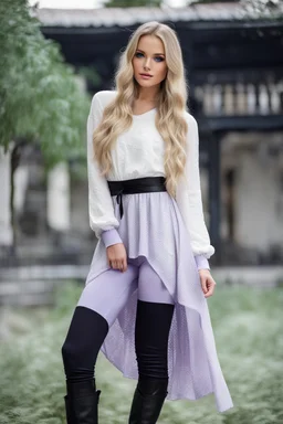 full body standing beautiful 20 year old girl with ash blonde hair and blue eyes with her long hair down, wearing a white sleeved shirt and nice sarifon dress, and lilac long leggings, with long black boots full body shot