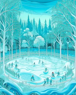 A cyan winter forest with an ice hockey rink designed in Mayan architecture painted by the Limbourg brothers