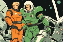 Create a vintage-style sci-fi image featuring a muscular male character with blond hair and a determined expression, dressed in a form-fitting, orange space suit with black belt, standing on a green, disc-shaped spacecraft. In close combat with a large, silver humanoid robot that has visible joint segments, round head, a flat face with two large circular eyes, and a small round mouth. The robot's right hand is raised while its left hand is gripping the protagonist's right forearm. The human char