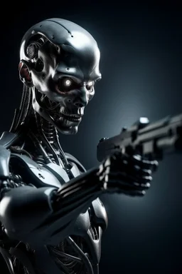 a scary cyborg with a gun searching for humans looking right and is far away