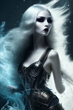 A beautiful Goth girl, dark black makeup, dark under eyes, white hair, action image of her braking water surface, freedom, dramatic, highly detailed, 8k, abstract