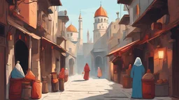 Vector. Illustration. Alley and bazaar of Istanbul. Minimal. Woman's , children's. 2D animated. 1800 AD. Digital painting, Old