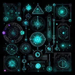 alchemical components, cyberpunk style, black background