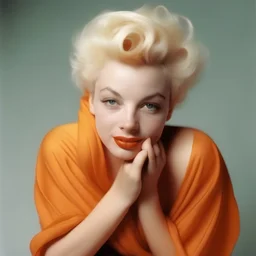 A photograph of childish marilyn monroe, head up , hand on heart, with spiky hair, no make up, in the style of milton greene, a pale orange silk scarf around her shoulders, white bacground
