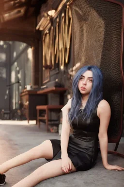 Billie Eilish, sitting on a chair, Black Short Dress, high detail, realistic, 8k