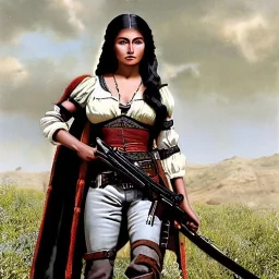 beautiful female mexican outlaw wearing holster with two guns on waist and two rows of bullets in bandolier across chest standing in front of adobe house, long black wavy hair, gorgeous, stunning face, 8k, high-quality, ultra-fine detail, 1800s wild west, detailed matte painting, brian froud, howard lyon, selina french, anna dittmann, annie stokes, lisa parker, greg rutowski, alphonse mucha