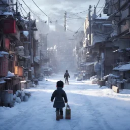 behind photo A young boy walking streets in tokyo post apocalyptic, snow