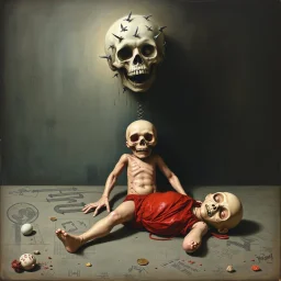 embalming horror tragedy of the commons, by Rufino Tamayo and Victor Pasmore, by Stephen Gammell, unbalanced, offset, non-symmetrical surreal horror, genetic abrogation, "Slayer" album cover, like a dead doll - like a dead toy, chaotic