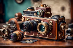 Steampunk photographic camera on the table, DSLR camera Sony Alpha 7 50mm 1.8, medium shot,high-resolution image with fine details, vintage postcard