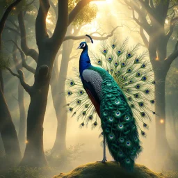 Majestic peacock with elaborate tail display, mystical forest background, soft morning mist, ancient trees with golden light rays, floating sparkles, ethereal atmosphere, dreamlike quality, fantasy setting --ar 1:1 --v 7