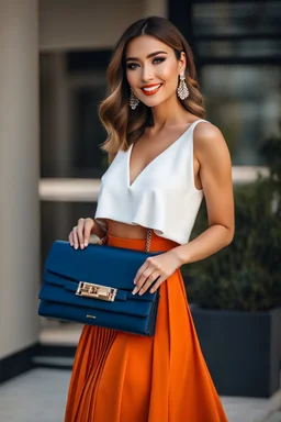 fullbody shot of young-beautiful-ozbek-with-a-perfect-face-with-make-up-wearing-orange top and midi pleated blue skirt