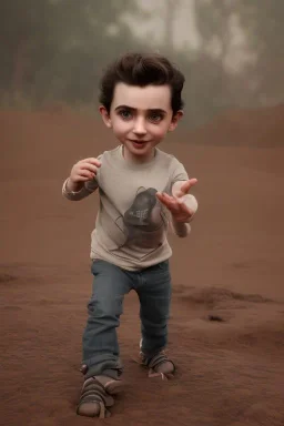 Timothee chalamet toddler, half robot, full body, jump, bokeh, hyper realistic