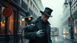 A Victorian-era detective solving a mystery with a robot sidekick in a foggy London street, award-winning photograph, exquisite detail and realism