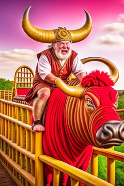 senile bull with viking helmet riding rollercoaster