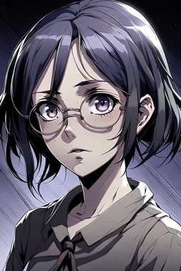 The character of a girl whose hair reaches her shoulder is slightly scattered, a dark purple color as if it is black and her eyes a light shade of grey, and she wears round glasses, art from the anime Attack On Titan.