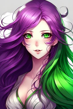 beautiful curvy woman with green eyes and long purple hair anime