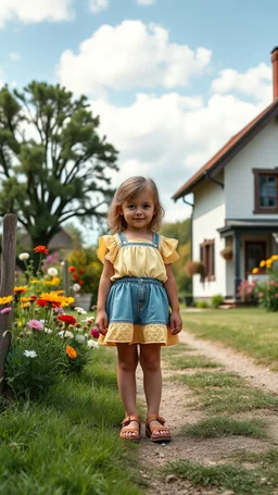 cartonish child lady in pretty top and short tight and nice shoes,standing in country side next to country house with flowers,trees.
