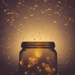 polaroid of a swarm of fireflies inside a jar, luminescent glow, moody, tender, photorealistic, octane render, golden hour